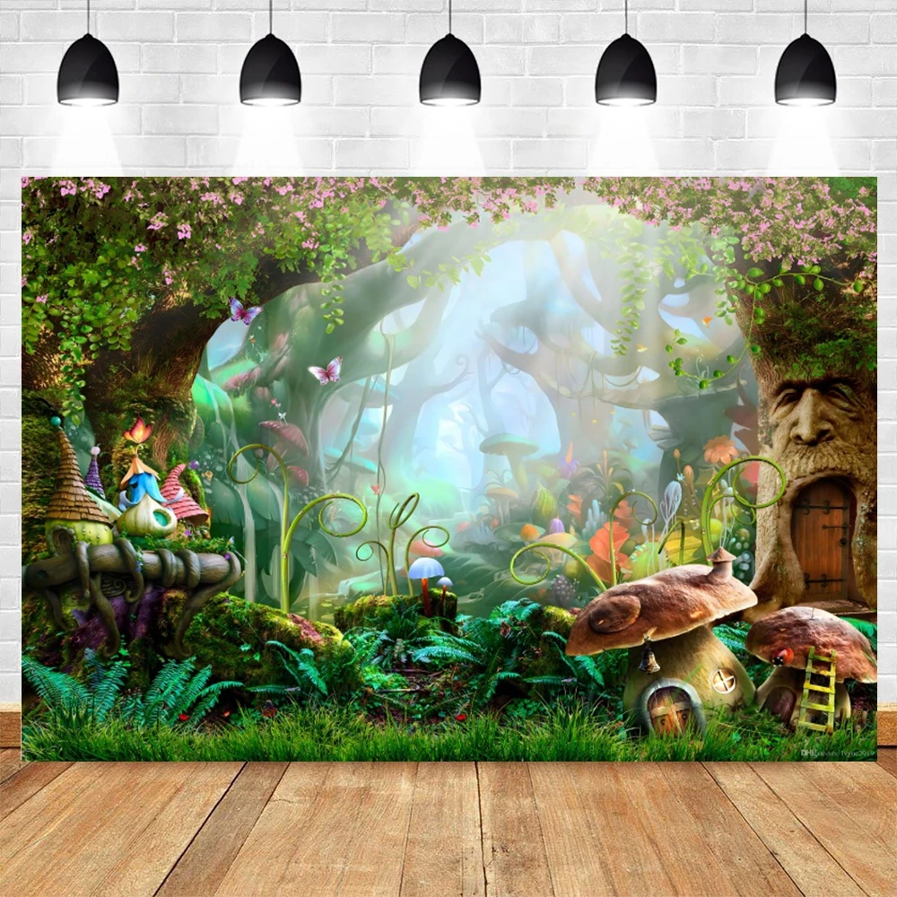 Fairy Tale Forest Background Photography Jungle Wonderland Fantasy Mushroom Baby Shower Children Birthday Party Photo Background