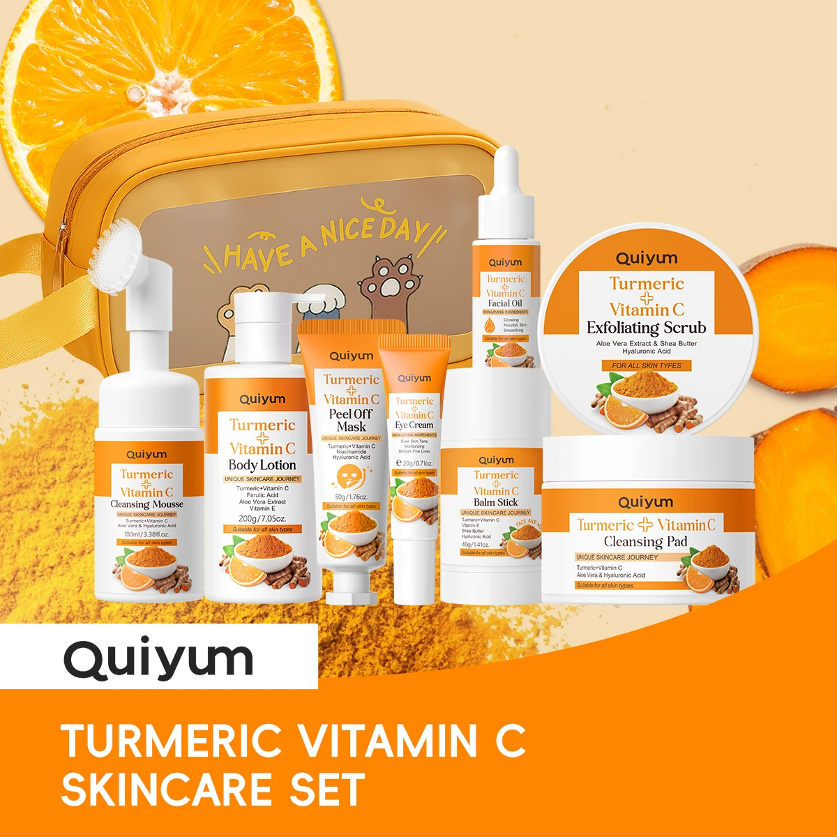 QUIYUM 9Pcs Turmeric VC Full Body & Facial Skincare Set, Cleanser Scrub Toner Pad Serum Oil Eye Cream Mask Stick Lotion