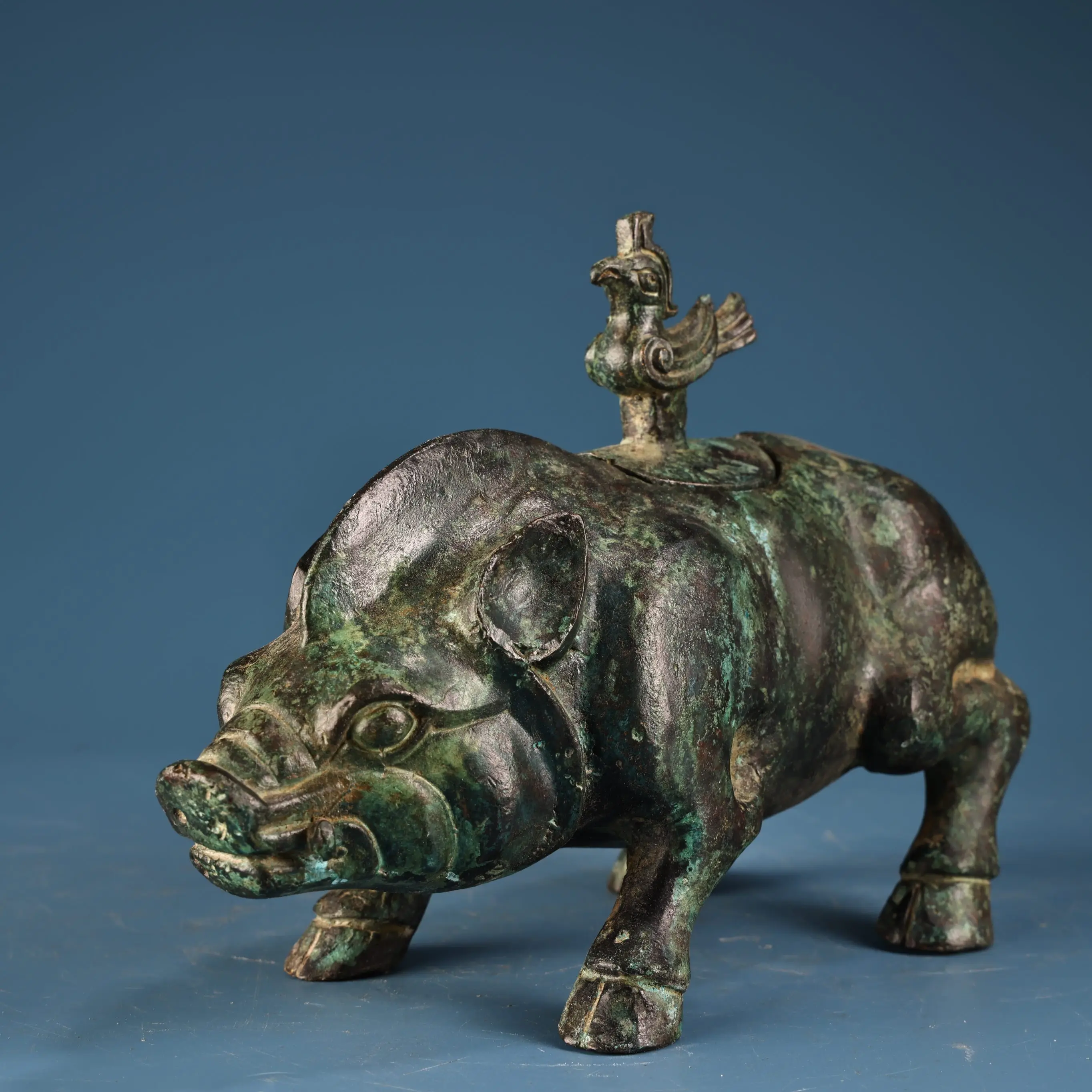 Tibet Folk Old Bronze Gilded Inscription Oracle Bone Script Pattern Pig Statue Phoenix Cover incense burner Amass wealth