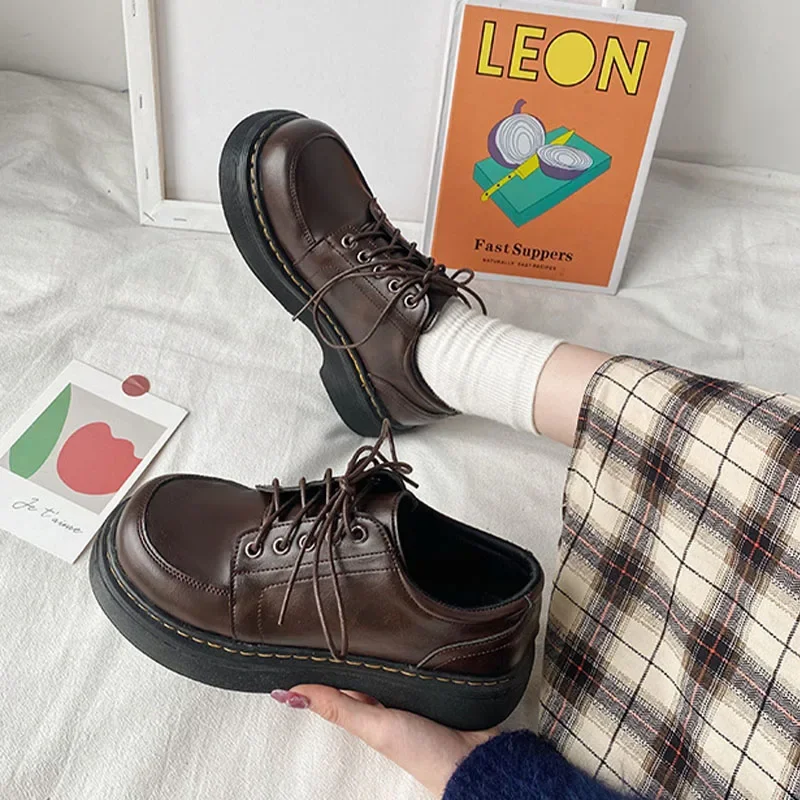

Women's Shoes Classic Black Brown Small Leather Shoes Lace-up Platform Oxford Shoes Round Toe Casual Leather Shoe Zapatos Mujer