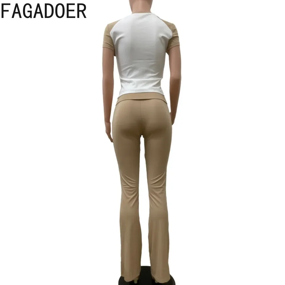 FAGADOER Casual Patchwork 2 Piece Sets Outfit Women Contrast Color Short Sleeve Crop Tops And Skinny Pants Tracksuits Clothing