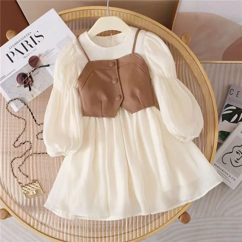 Spring Autumn Girls Dress Set Long Sleeve Children\'s Retro PU Leather Vest Dress Set Teenage Girls Clothing Suit 4 6 8 12Y