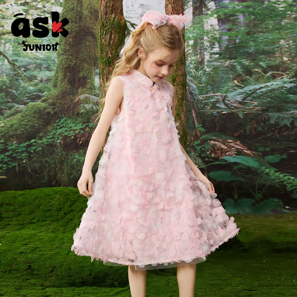 فستان ASK Junio RGirls ثلاثي الأبعاد مطرز لطيف بياقة واقفة بدون أكمام #5