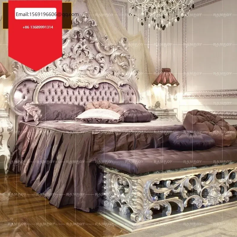 

European bed solid wood carved villa master bedroom fabric double silver foil French princess bed