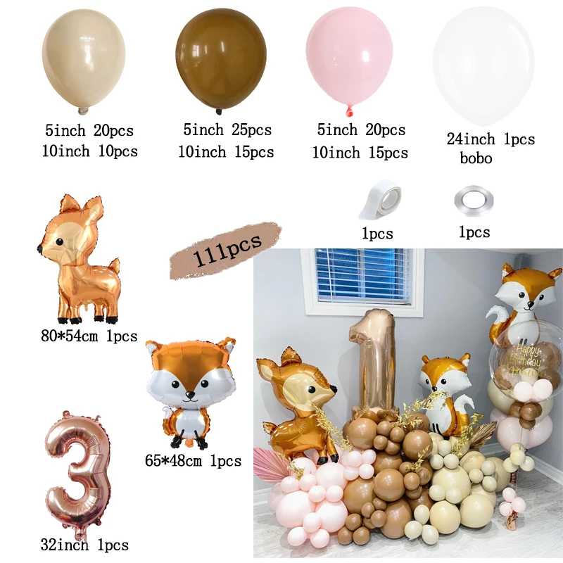 Ensemble de ballons en feuille d\'aluminium Jungle Fox Deer, animaux de la forêt, décor à thème débarde calcul, décor à l\'hélium numérique IkKids,