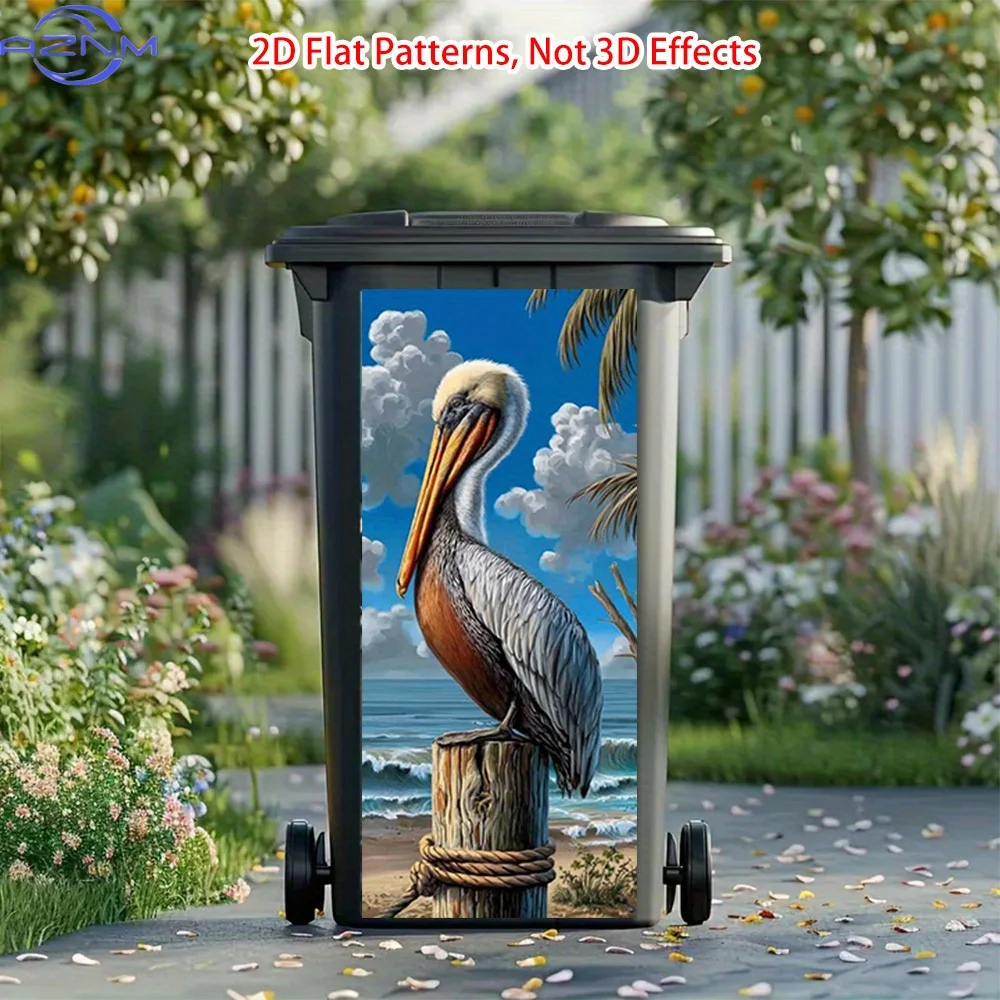 Pelican on Pier Print Self-Adhesive Trash Can Sticker, Ideal for Gardens & Outdoor Trash Cans, Kitchen & Wall Decor, Bright an