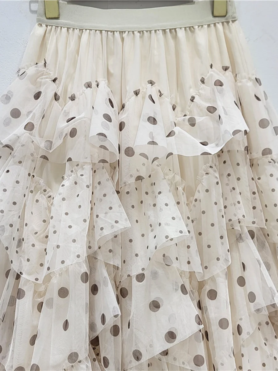 GALCAUR Colorblock Loose Spliced Polka Dot Skirt for Women High Waist Patchwork Ruffles Fold Irregular Skirts Female Elegant New