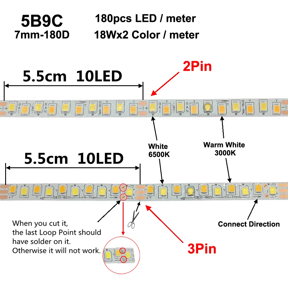 3 metros/rollo de tira de LED bicolor SMD2835 5B9C 180LED/M 2 pines 3 pines cinta de luz Flexible de corriente constante 3000K 6500K para lámpara de