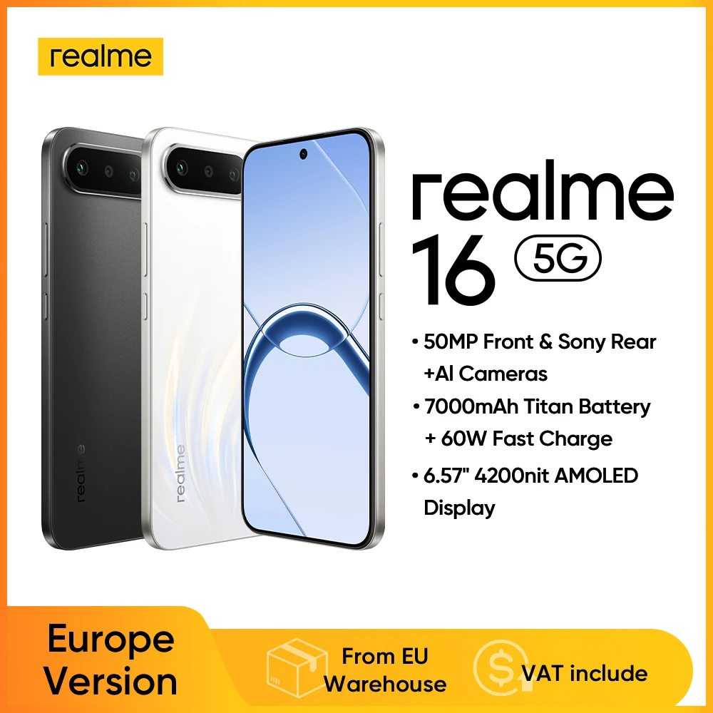 realme 16 5G smartphone, European version, MediaTek Dimensity 6400 Turbo chip, 6.57-inch 120Hz AMOLED screen, 6550 mAh Titan battery, 45 W fast charging, IP69.