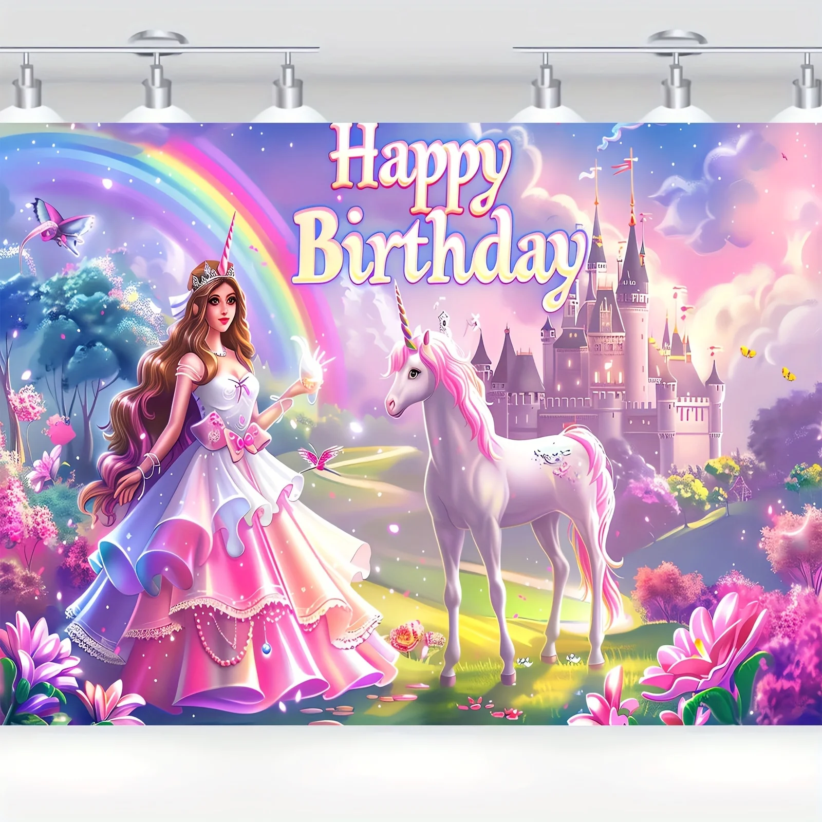 Princess theme Castle birthday banner, Unicorn theme birthday background, Rainbow party decoration, background banner