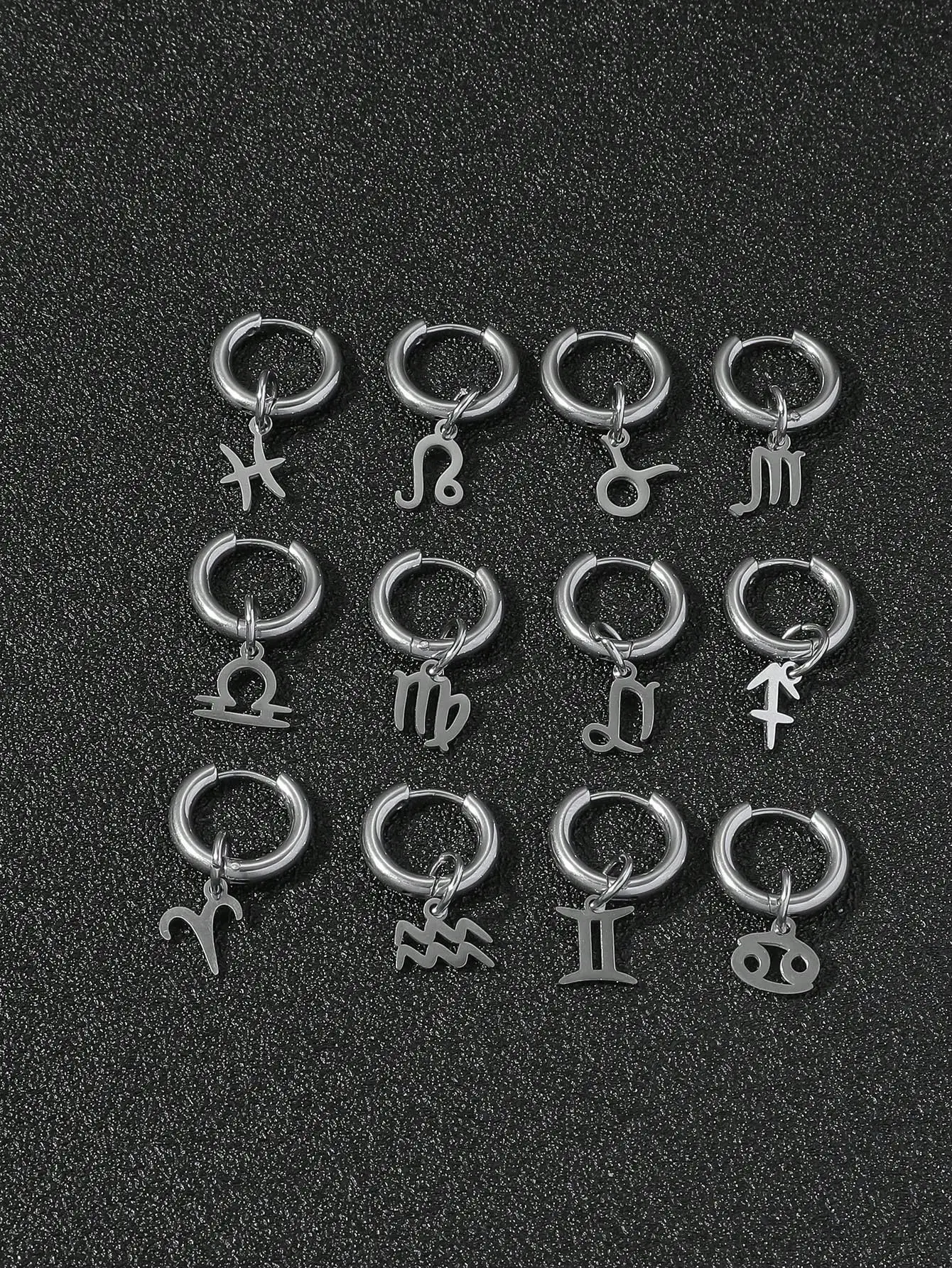 

1pc Minimalist Zodiac Symbol Drop Earring for Men, Stainless Steel Hoop Earring