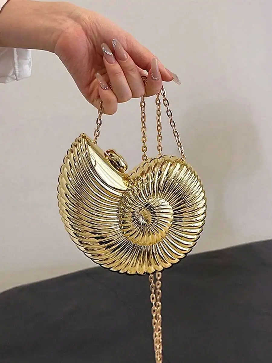 

Mini Shell Shaped Laser Metal Clutch Bag With Chain Strap For Women Evening Party