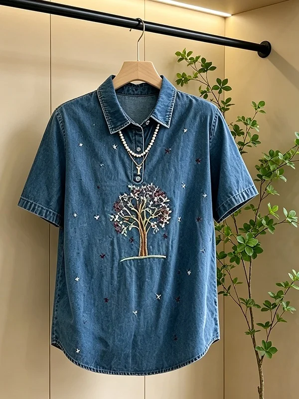 

plus Size Casual Loose Slimming Women's Denim Short Sleeve Shirt Korean Style Comfortable Breathable Summer New Design