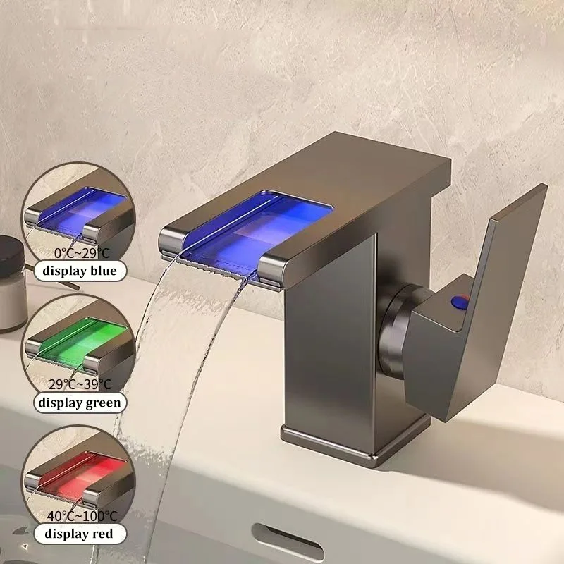 Wastafel Watervalstijl Volledig koperen LED-licht Lichtgevende kraan Badkamer Boven aanrecht Wastafel Huishoudelijke warm- en koudwaterkraan