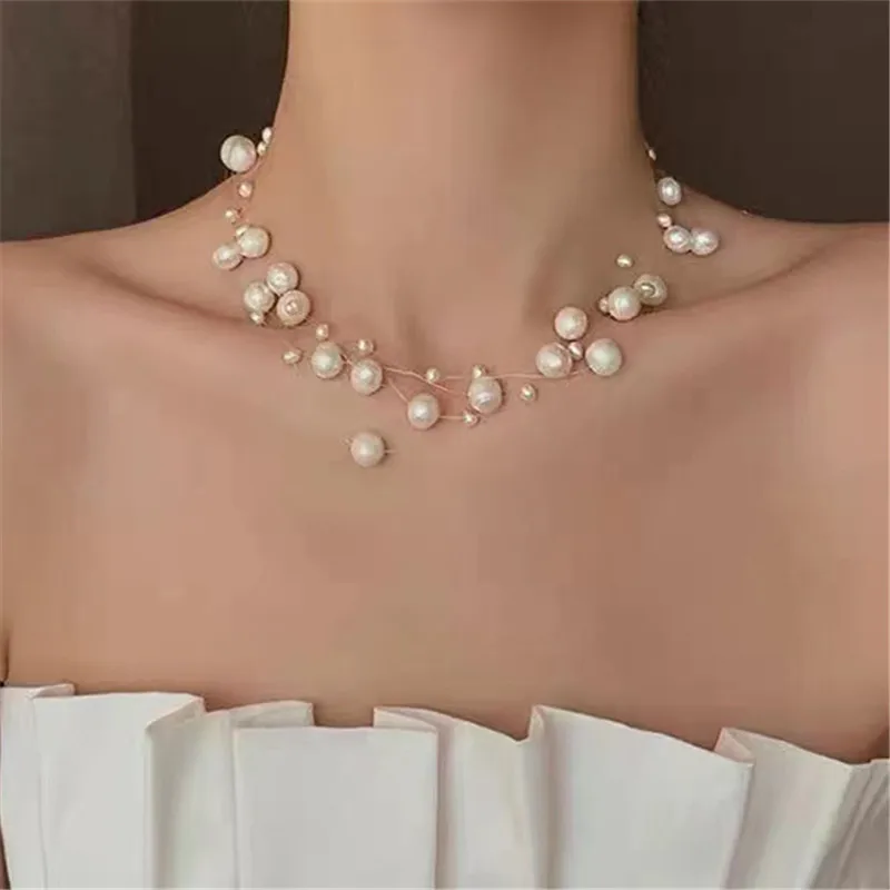 

XIALUOKE Freshwater Pearl Choker Necklace Sweet Beaded Multi-layer Collarbone Chain Women's Necklace Bride Jewelry