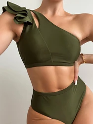 One Shoulder Bikinis 2024 Women Ruffle Swimsuit Solid High Waist Swimwear Female Padded Bathers Bathing Swimming Suit Beachwear