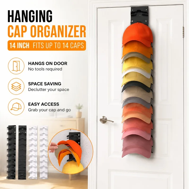 Plastic Hanging Cap Organizer for Door or Closet, Space Saving Baseball Hat Rack, Black/White, 14 Inch