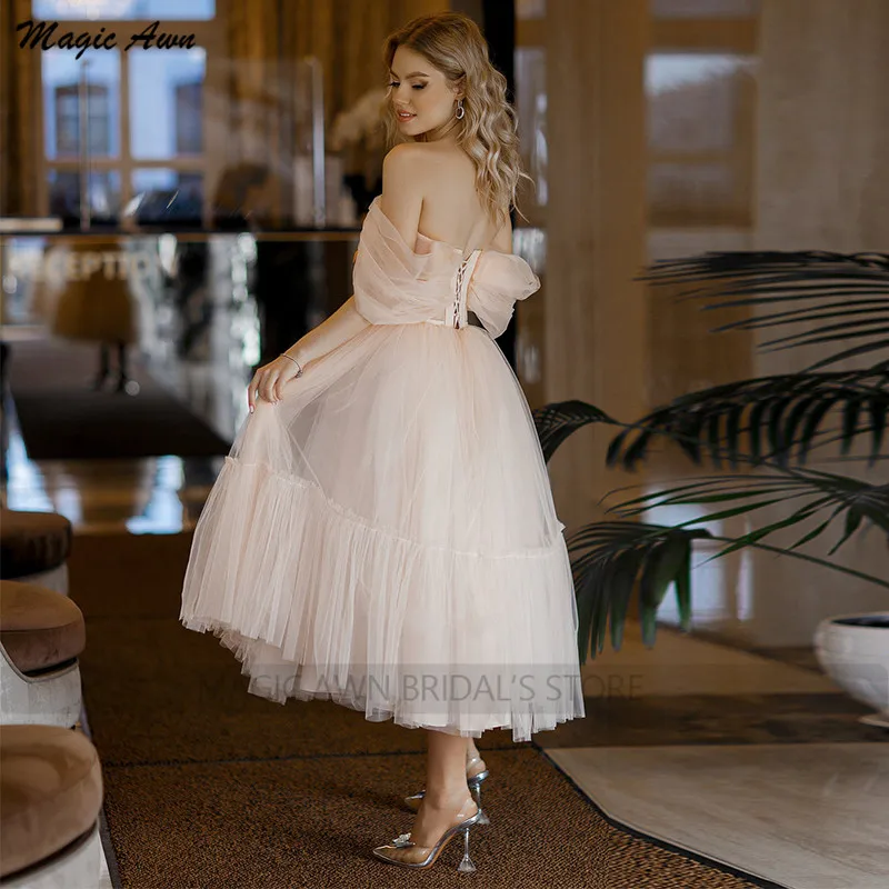 Magic Awn Blush Pink Wedding Dresses Tea-Length Off The Shoulder Tulle Illusion Short Boho Wedding Party Gowns For Women Vestido