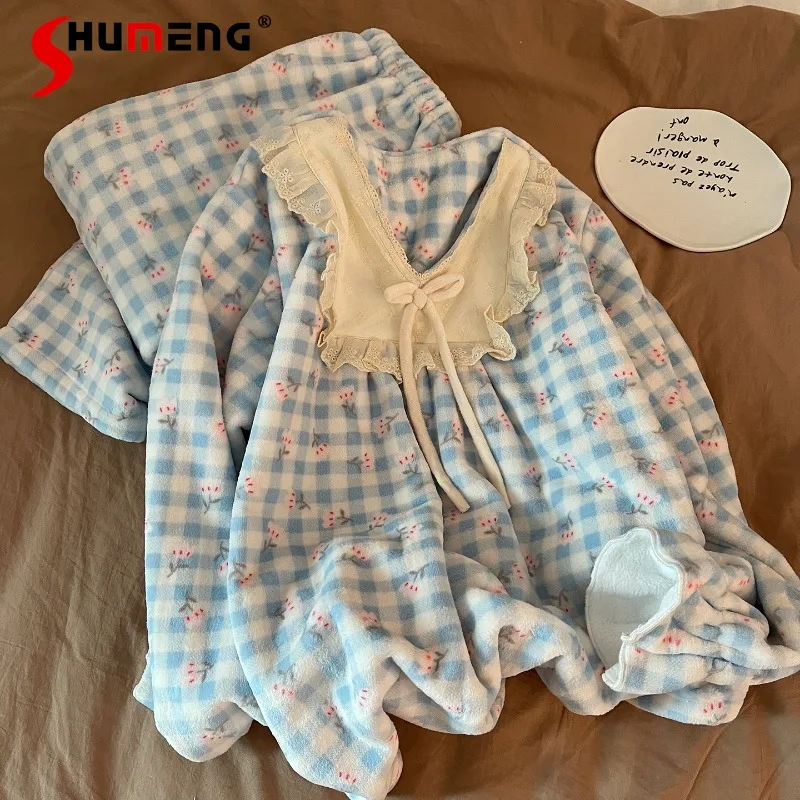

Winter Fleece Ins Pajamas for Women New Thickened Lined Bowknot Lace Loungewear Set Female Blue Plaid Warm Homewear Suits