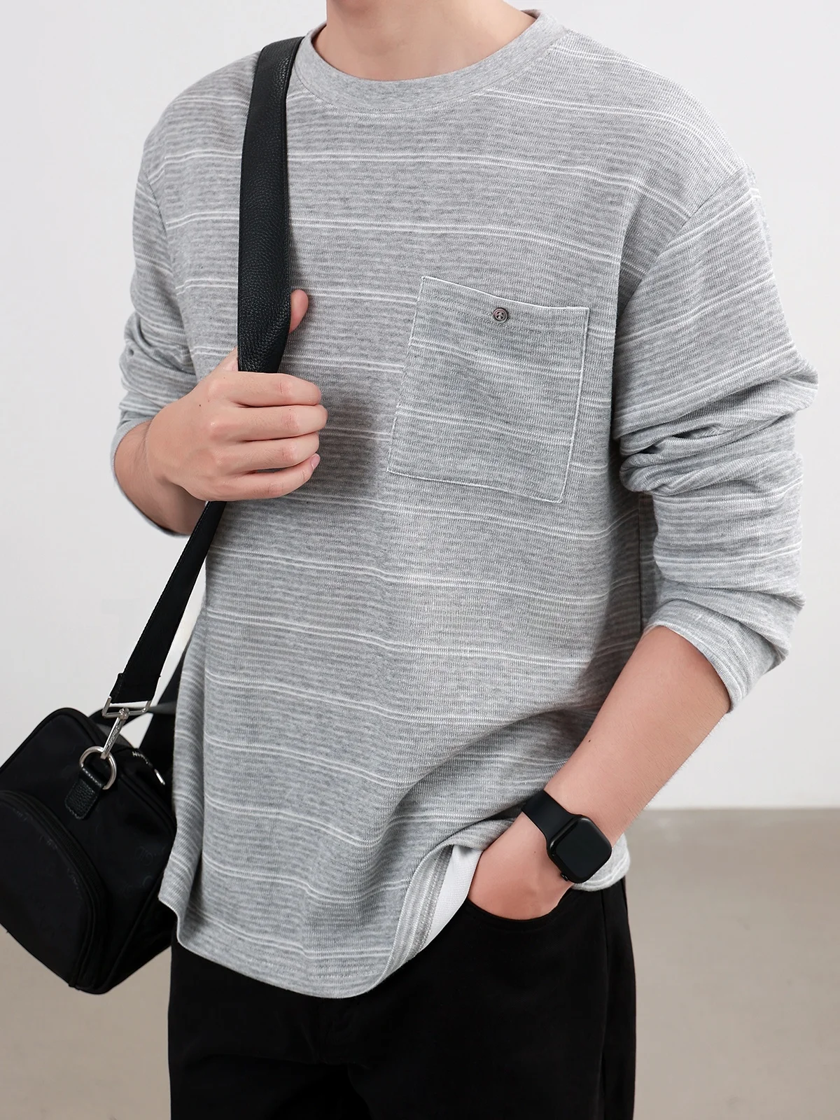 Casual Soft Weave Men's Long Sleeve round Neck Base Shirt Spring Autumn Striped T-Shirt Comfortable Breathable Polyester Cott...