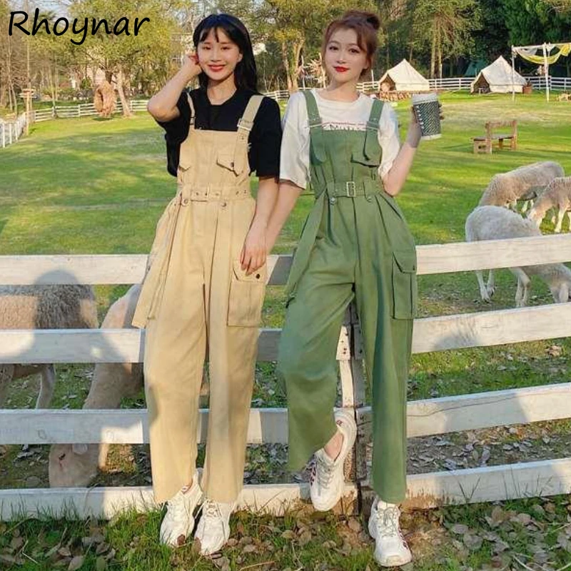 Cargo Jumpsuits Women Young Trendy Pockets Students Baggy Soft Teens Solid Casual All-match Fashion Chic Korean Style Streetwear