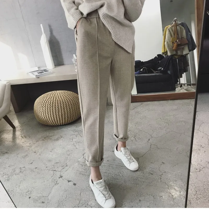 Autumn Winter  Woolen  Harem Pencil Pants 2024 Autumn Winter High Waist Casual Pantalones Beige Black Office Lady Women Trousers