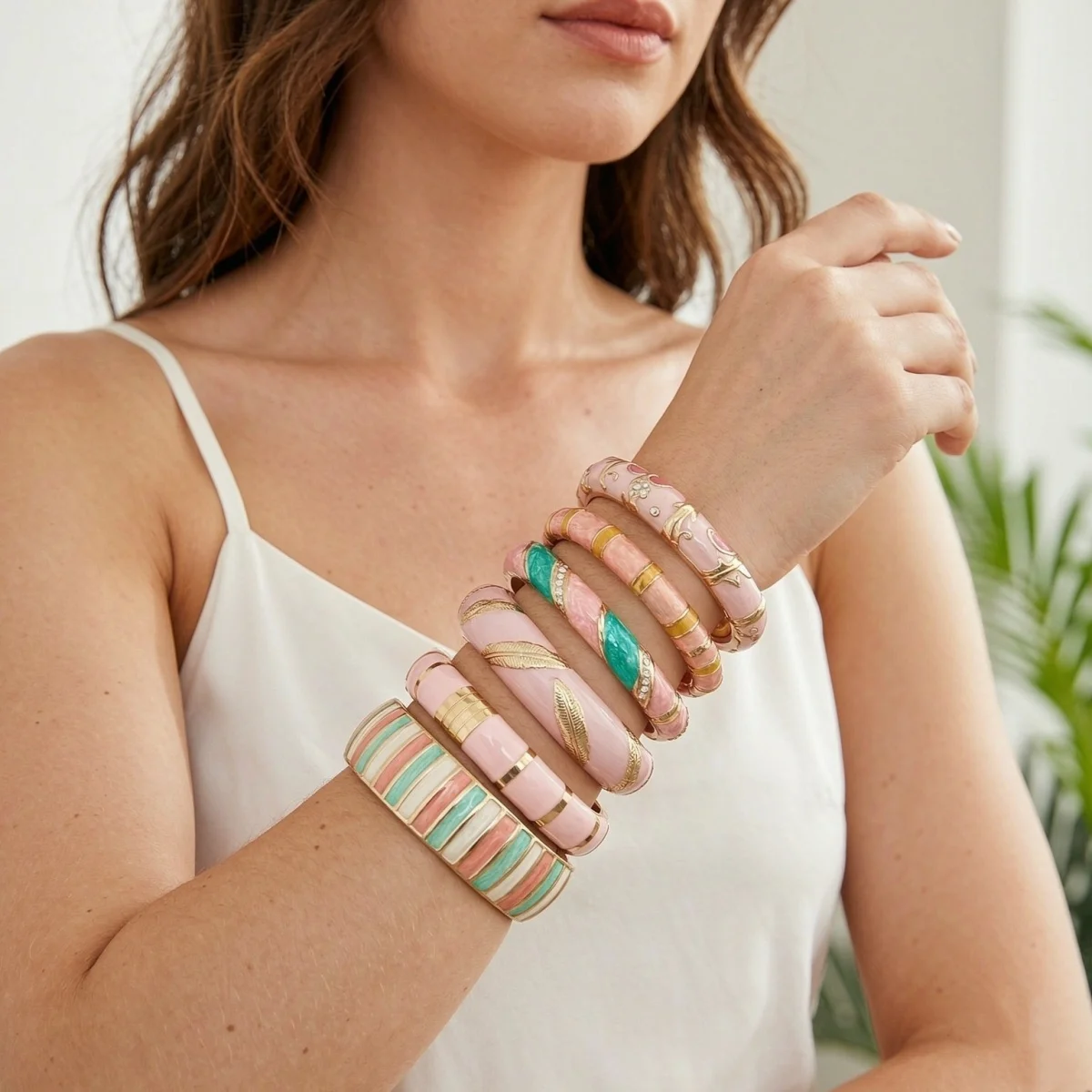 Vintage Pink-Serie Emaille-Manschettenarmbänder für Damen und Herren, Modisches Weichrosa Block-Muster mit Gedrehten Blättern, Blumen und Sternen, Armreif-Schmuck – Detail 4