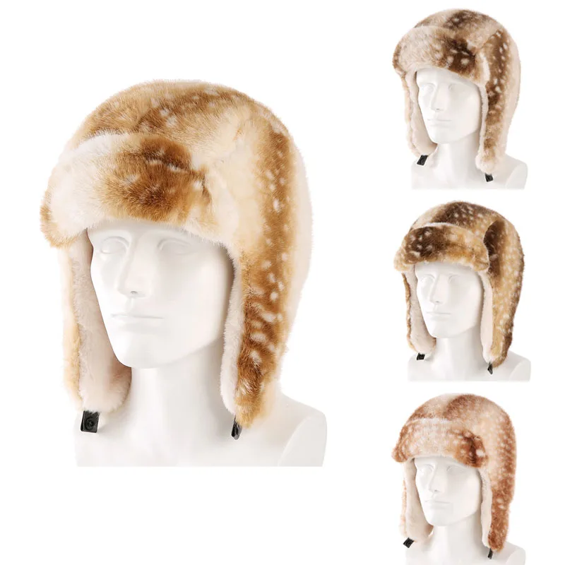 Christmas Women Faux Fur Elk Spotted Plush Hat Winter Warm Trapper Hat Windproof Ear Flap Ski Hat Holiday Party