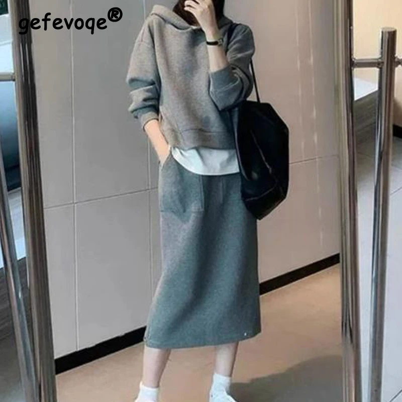 2 Piece Sets Women Trendy Casual Streetwear Y2K Oversized Hooded Sweatshirts 2023 Autumn Gray High Waist Split Midi Skirt Outfit