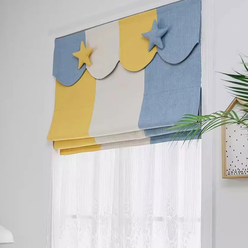 

Cartoon Three Color Striped Fabric Customized Flat Roman Blinds With Heading Window Shades For Living Room