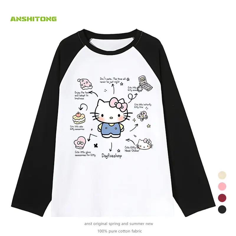 Sanrio HelloKitty Cotton Special Shirt Women's Long Sleeve Spring and Autumn Loose Casual Base Layer Cute Inner Layer Girl Top