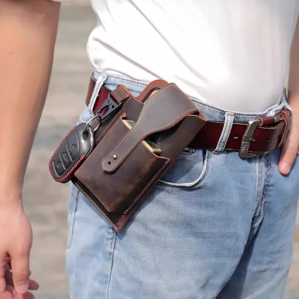 Riñonera de cuero de vaca para hombre, bolsa de cintura de cuero de vaca, bolso de cinturón Retro, riñoneras de moda para teléfono, llavero deportivo, envío gratis