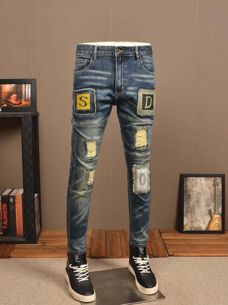 

Retro Make Old Ripped Jeans Men's Stitching Cool Smart Stretch Slim Fit Paste Cloth Embroidery Motorcycle Skinny Pants