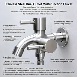 Dual Spout Water Tap Multi‑Purpose Double Outlet Faucet for Laundry Sink and Washing Machine Connection