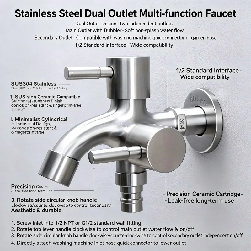 Multifunction Dual Outlet Tap Split Water Faucet for Laundry Sink and Washing Machine Connection