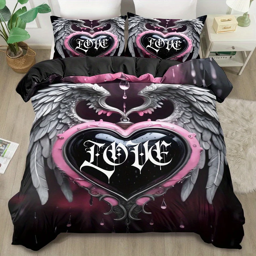 Gothic Heart Wing Print Down Comforter Cover Set King Queen Style bedding Machine Washable Quilt Decoration, Bedroom Guest Room