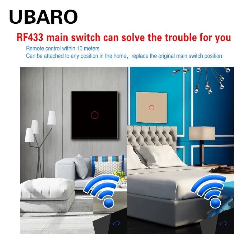 UBARO EU\\UK 433RF Wireless Remote Control Touch Switch Luxury Crystal Glass Panel Wall Light Sensor Touch Button 100-240Vac