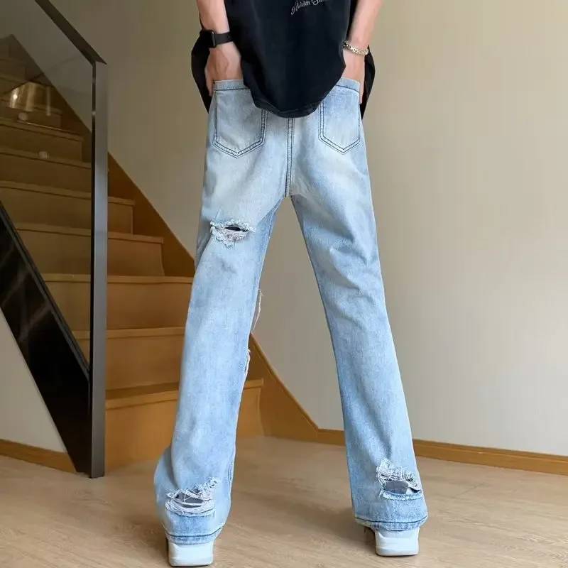 

2024 AOSHIYA Ropa Grunge Y2K Streetwear Ripped Jeans Pants For Men Clothing Straight Washed Blue Old Denim Trousers Pantalon