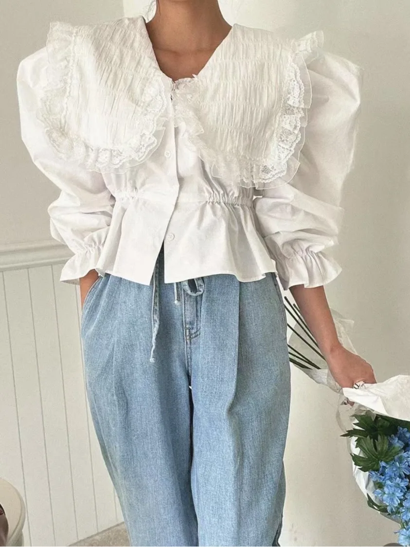 

Sweet Sle Slimming irt Women's Cotton Bubble Sve Ruffle Hem Lace Collar Spring 2026 Faion Casual ort Length Button up