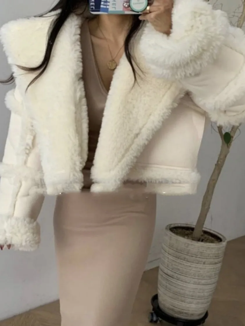 Winter New Faion Women's Jaet Lamb Fur Splicing Suede Leather Fur Inteated Warmth High-End Feel Outerwear Coat