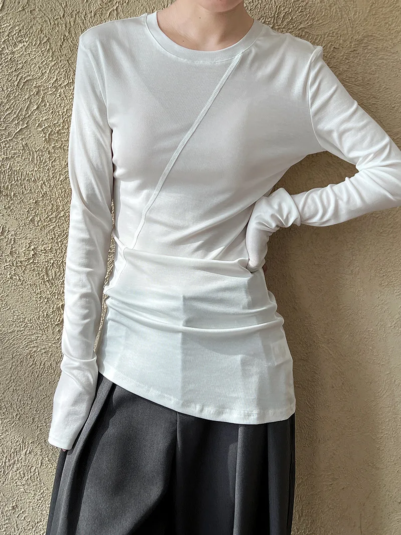 2025년 봄 여성 캐주얼 한국 불규칙 슬림핏 티셔츠, 새로운 컷라인과 주름진 베이스, 탑 2870
