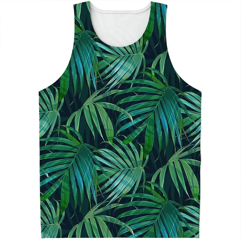 Canotta con grafica a foglia di palma verde per uomo Summer Street 3D Printed Hawaiian Plants Vest Quick Dry t-shirt senza maniche Top