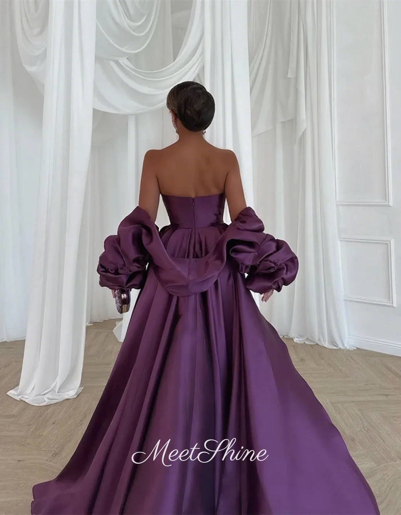 Abito da sera dritto classico in raso viola squisito senza spalline con manica a mantella staccabile abito da ballo formale personalizzato