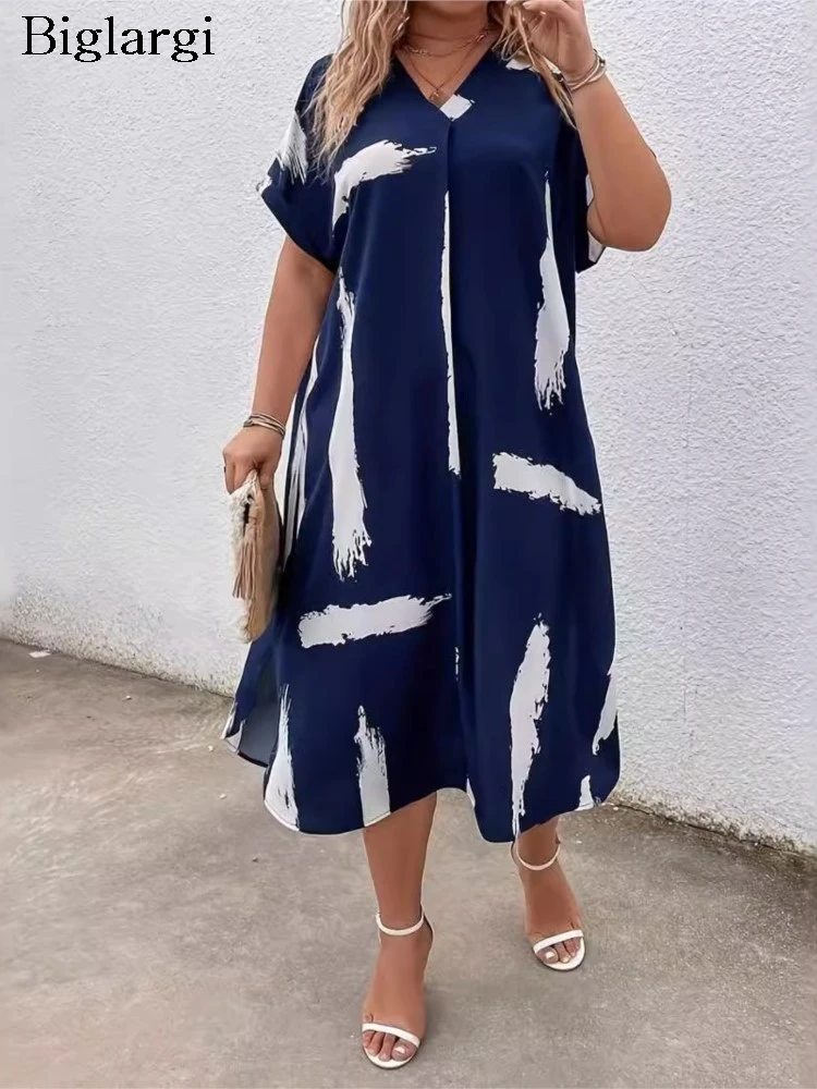 

Plus Size Summer V-Neck Midi Dress Women Striped Graffiti Print Fashion Ladies Dresses Casual Loose Pleated Woman Dress