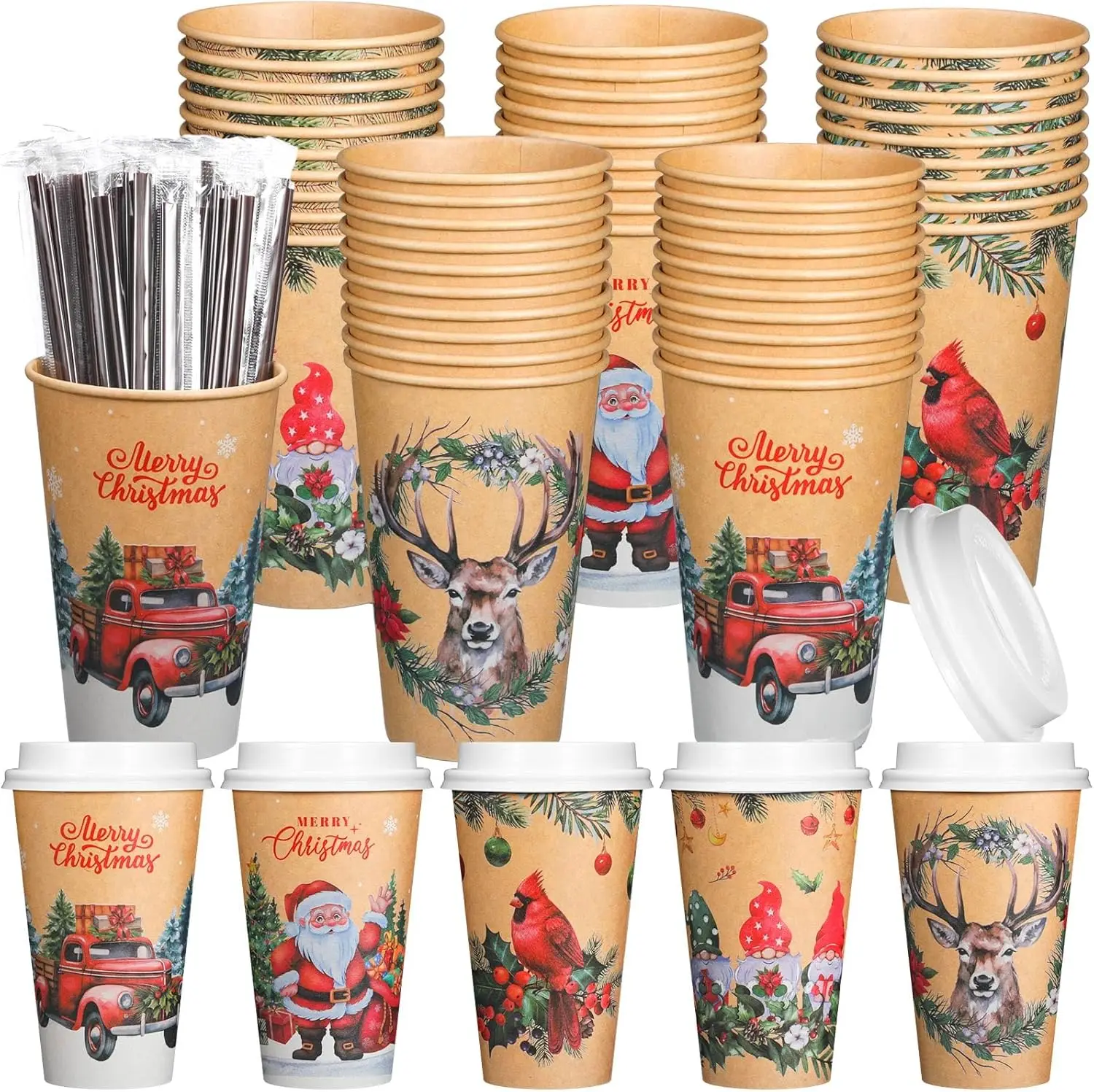 

50 Pack Vintage Christmas Coffee Cups 16 Oz with Lids & Straws, Disposable Paper Hot Cocoa & Hot Chocolate Cups, Bulk Ho