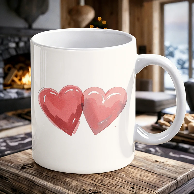 

Watercolor Double Pink Heart Ceramic Cup with Handle, Creative Coffee Cup, Milk Cup, Office Tea Cup, Drinking Cup,Fade-resistant