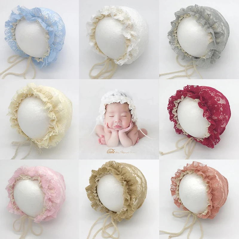 Newborn Photography Accessories Fotografie  Soft Cute Solid Color Crochet Lace Lace-Up Flowers Cap Baby Photo Shooting Props Hat