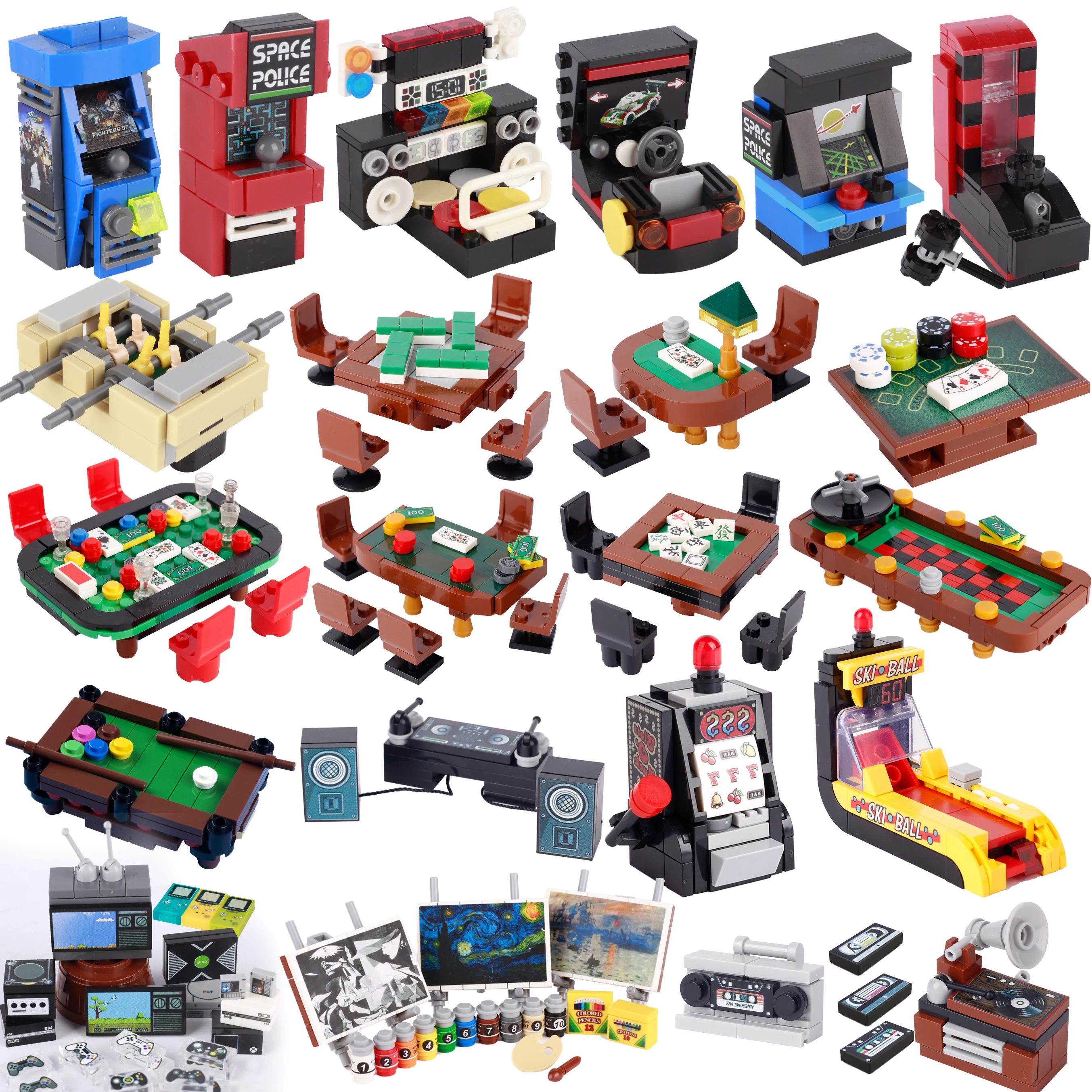 MOC City Poker Table Building Blocks Slots Ski Ball Game Console Chess Cards Game Machine Room Scene Bricks Toys Gift