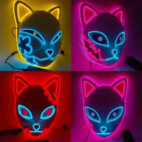 1PC Glowing Demon Slayer Led Face Mask Anime Cosplay Prop Cat Face Fox Halloween Cold Light Flashing Mask Party Costume