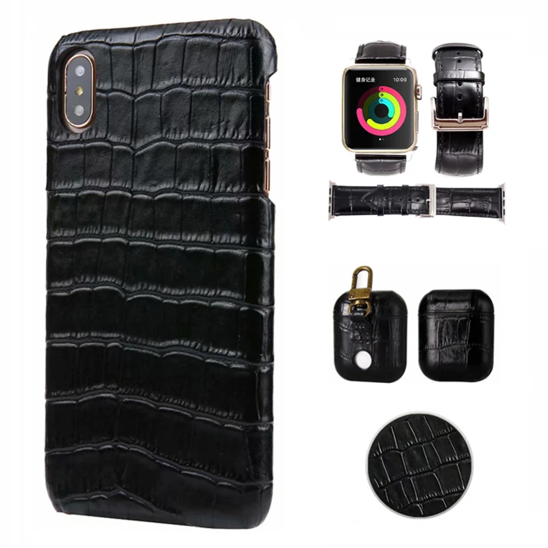 

Fhx-4T1 Real leather Crocodile Pattern Retro Case for iPhone Xr Xs Max 11 Pro max airPods Pro Case+Watch Strap+Back Cover Case